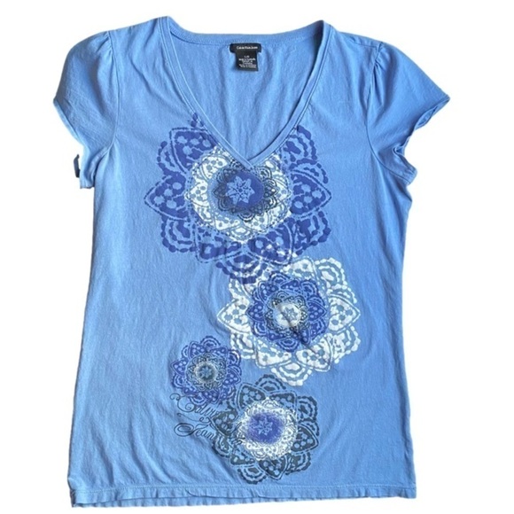 CALVIN KLEIN Tee Shirt Short Sleeve V Neck Geometric Floral Blue Women Size L - Picture 1 of 4